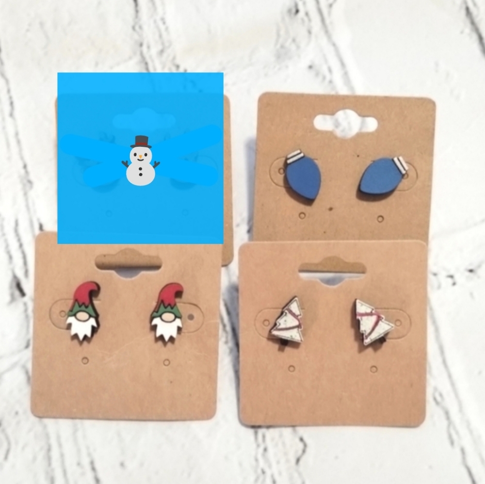 3 Sets! Christmas Stud Earrings Handmade wood silver Hypoallergenic